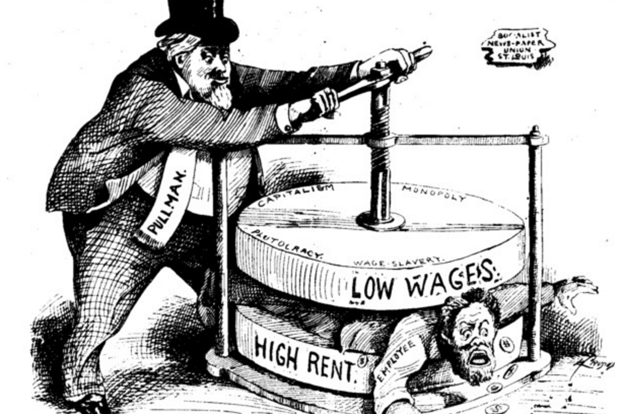 Political cartoon from the Chicago Labor Newspaper in 1894 criticizing the Pullman Company.