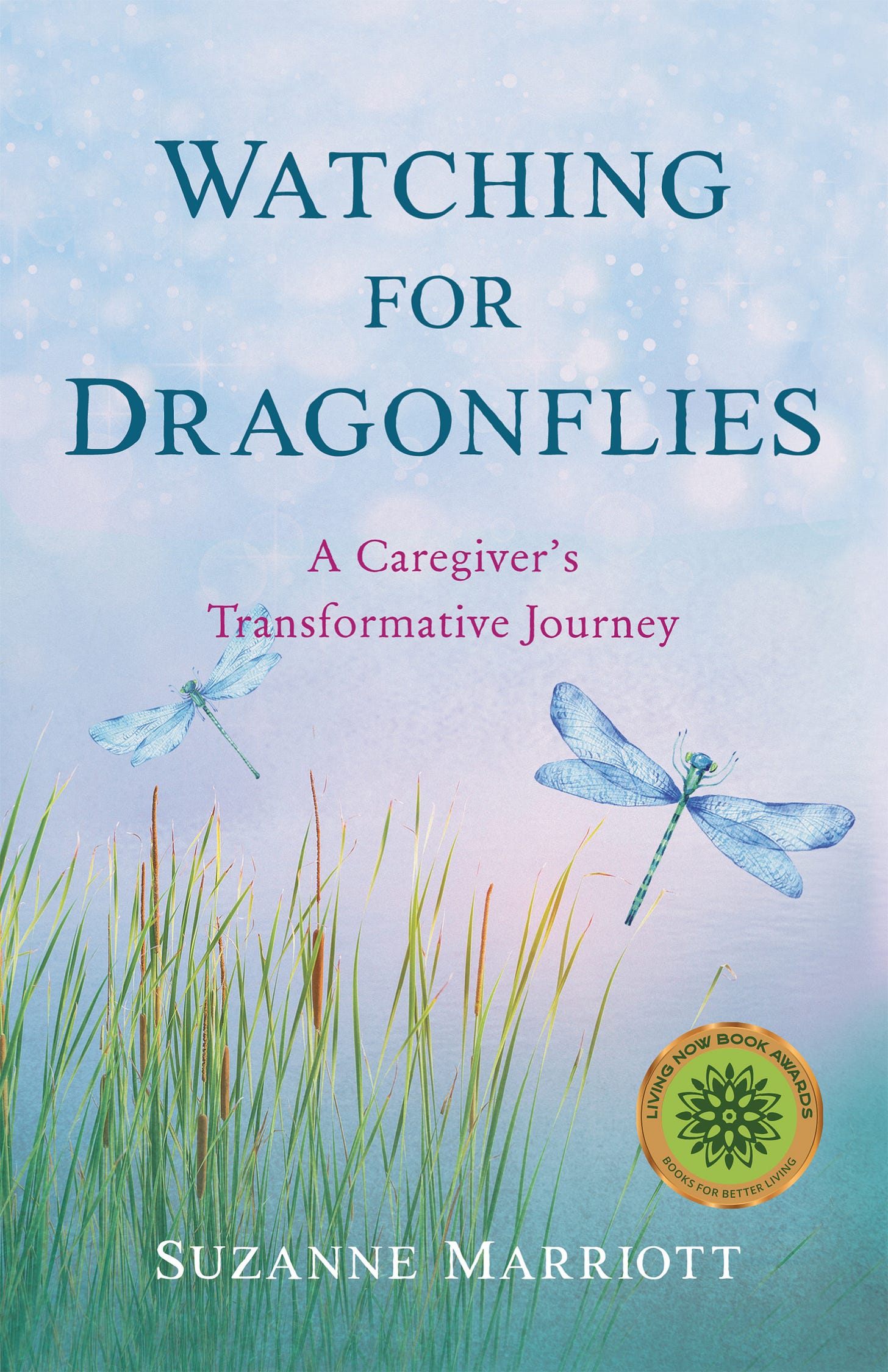 A book cover with dragonflies and grass

Description automatically generated