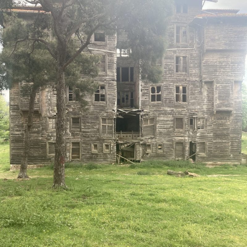 Wooden wall of abandoned Prinkipo Greek Orphanage on Buyukada Island.