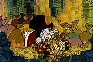 Scrooge McDuck in his vault hugging gold coins and dollars