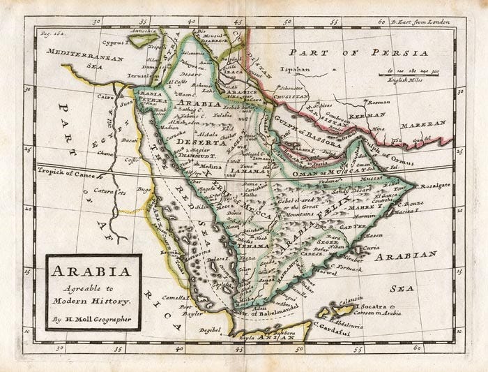 Hand-drawn map of Arabia from 1700–1800 with English names.