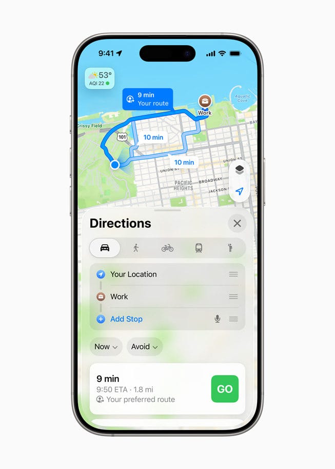 A user’s preferred route to work is shown in Apple Maps on iPhone 16 Pro. A user’s preferred route to work is shown in Apple Maps on iPhone 16 Pro.