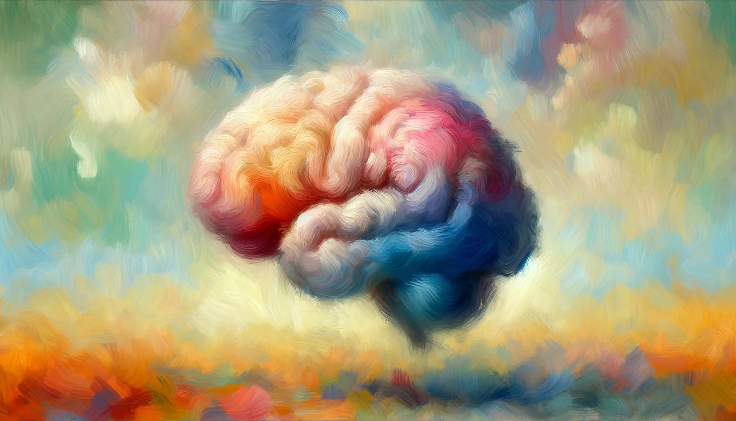 An impressionist painting of a human brain in a horizontal orientation. The brain is depicted with soft, brushstroke textures and vibrant colors typical of impressionist art. The background features an abstract, blurred landscape with gentle color transitions, enhancing the dreamlike quality. The overall effect is artistic and evocative, capturing the essence of the brain in an impressionist style.