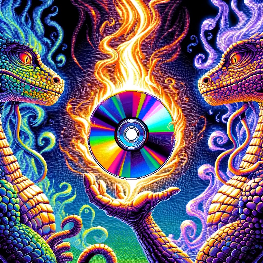 Transform the given image into a chiaroscuro representation where the shiny compact disc is now depicted as a smoke orb, while retaining the colorful, vibrant palette and the graphical 16-bit SNK cutscene style. The orb should emanate a smoky essence that spirals inward, giving the impression of ancient magic contained within. The chiaroscuro effect should create strong contrasts of light and dark around the orb, making it the focal point, yet preserving the overall pixelated, retro video game aesthetic. The tropical reptilian lizard gods now gaze intently at the smoke orb, their expressions a mix of reverence and mischievous curiosity.