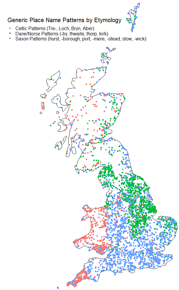 r/dataisbeautiful - Generic Place Name Patterns by Etymology Celtic Patterns (Tre-, Loch, Bryn, Aber) Dane/Norse Patterns (-by, thwaite, thorp, kirk) Saxon Patterns (hurst, -borough, port, -mere, -stead, stow, -wick)