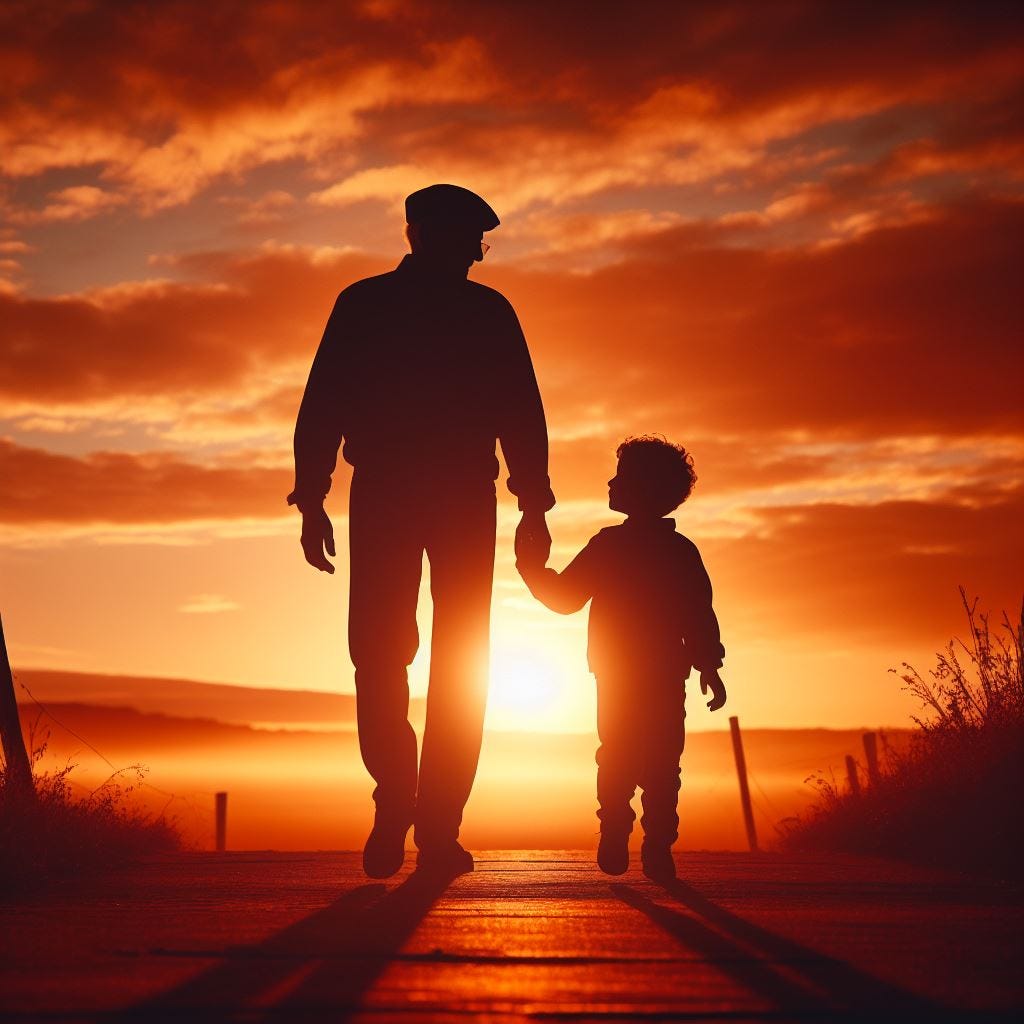 a silhouette view of a grandfather and a kid walking