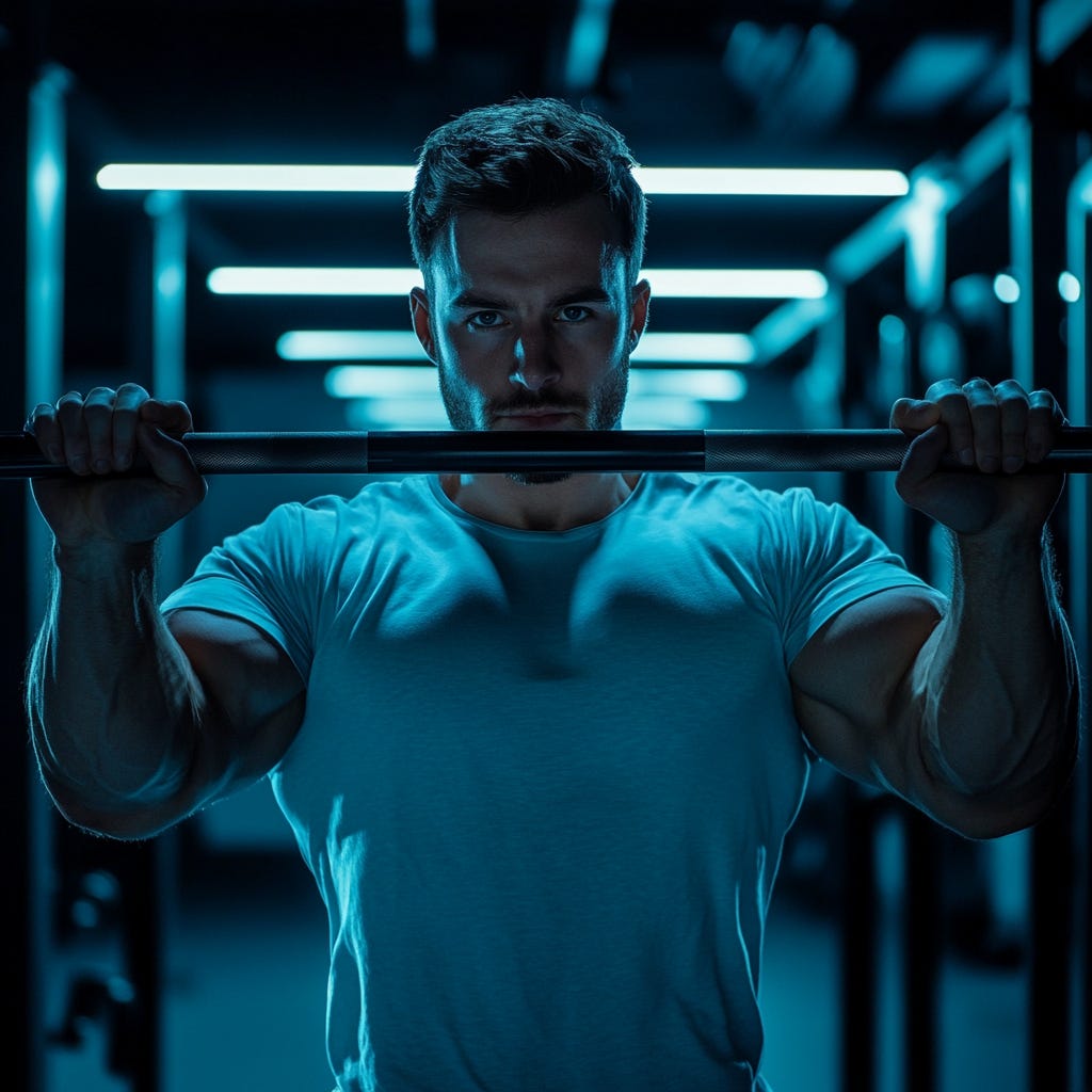 Male bodybuilder wearing light blue gym gear getting ready to squat in a squat rack.