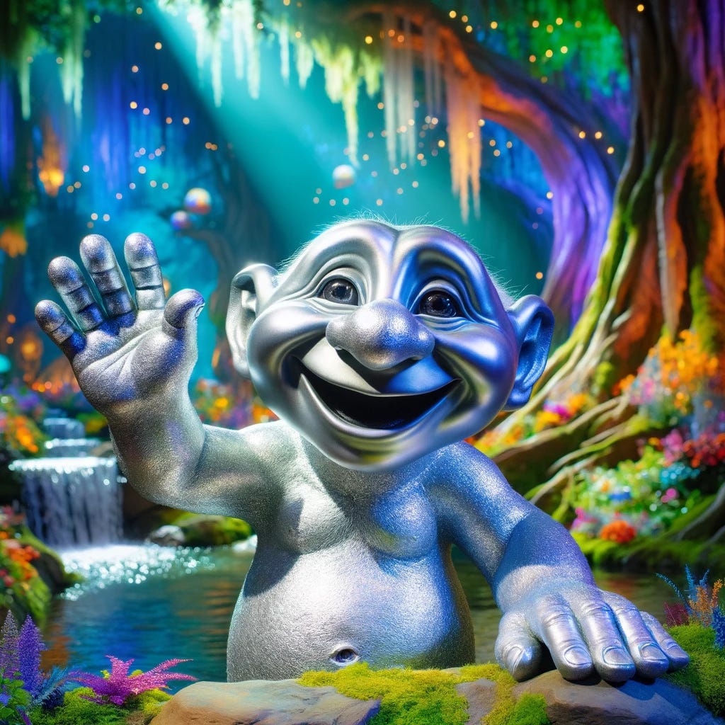 A happy troll with skin made of silver, depicted in a whimsical, enchanted forest. This troll is smiling broadly, showcasing its dazzling silver skin that reflects the light in the magical surroundings. The setting is a lush, vibrant forest filled with colorful flowers, ancient trees, and a sparkling stream. The troll's posture is open and friendly, with one hand waving in greeting to the viewer. The image captures the essence of joy and wonder, with the troll's silver skin adding a unique, mystical quality to the scene.