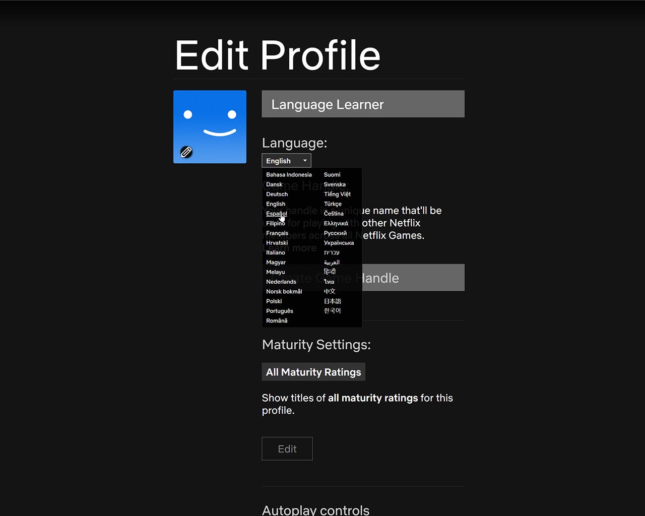 The Netflix "Edit Profile" page with the profile name in a text box at the top, and a Language dropdown box opened below showing available languages. Maturity Settings appears immediately below the expanded Language dropdown list.