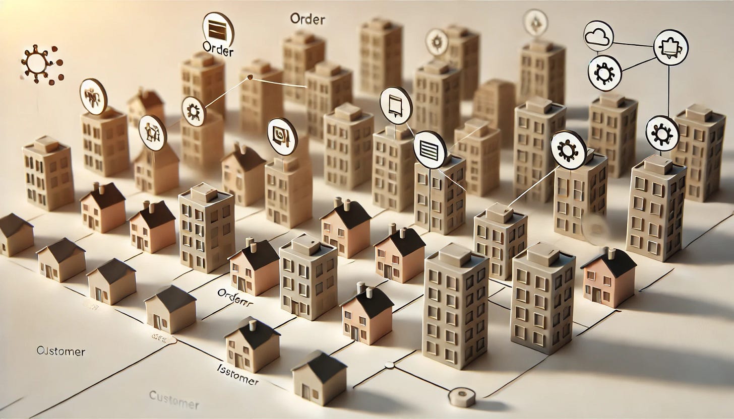 A cityscape with buildings representing different microservices, each unique in style. Simple symbols on the buildings show functions like 'Order' or 'Customer.' Subtle lines connect some buildings, suggesting limited communication. The scene is clear, minimal, and focused, captured with a Canon TS-E 17mm f/4L Tilt-Shift lens, f/8 aperture, 1/250s shutter speed, ISO 200, with warm white balance and high contrast.