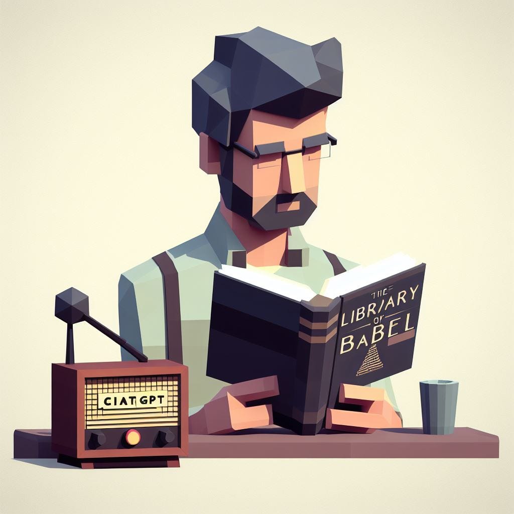 Low poly. A man sitting at a desk reading a book titled "The Library of Babel." On the desk next to him is an old-fashioned radio with the word "ChatGPT" written on it. The man has a puzzled expression on his face as he reads the book and listens to the radio.