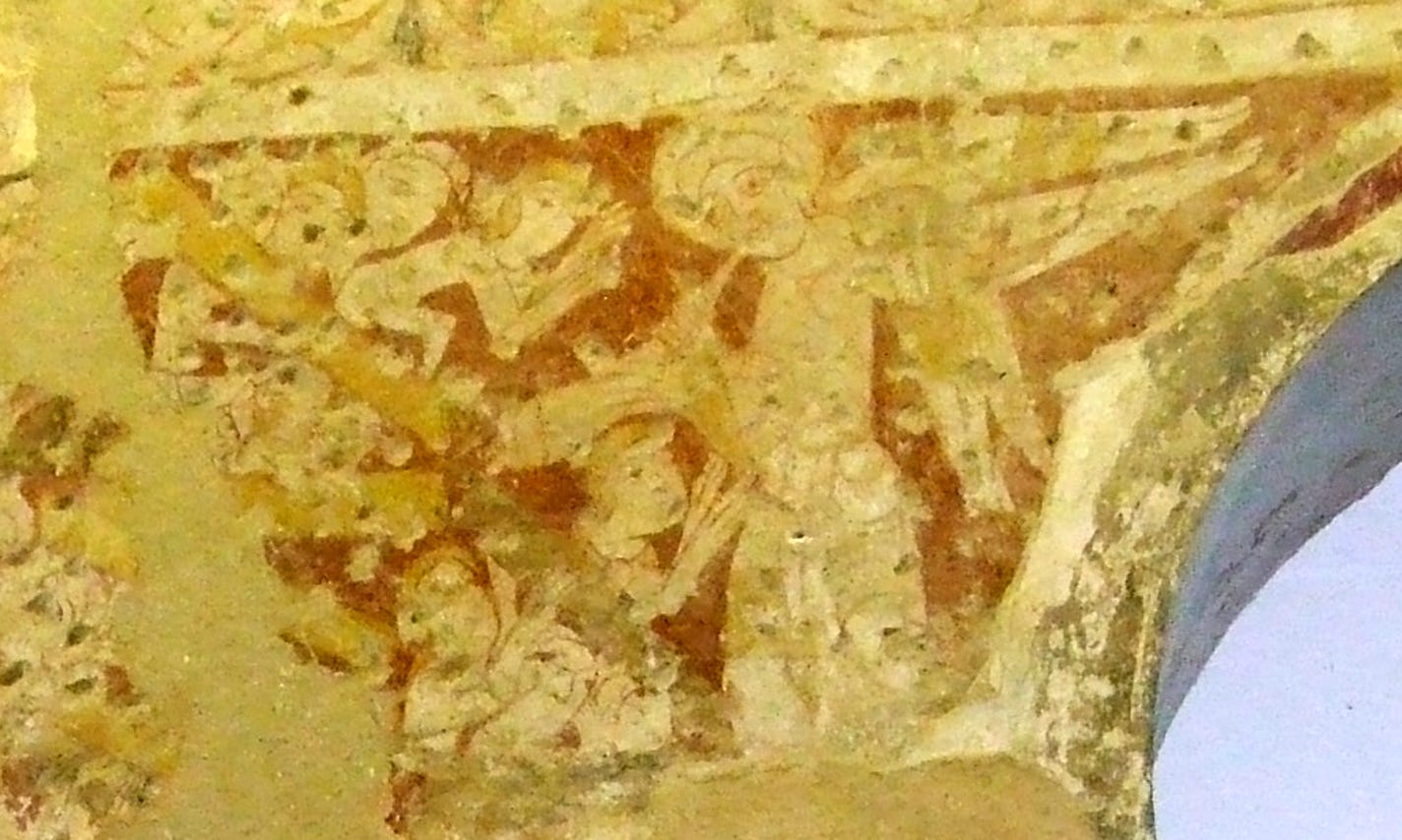 Church wallpainting, depicting an archangel blowing a trumpet and the dead rising on Judgement Day.