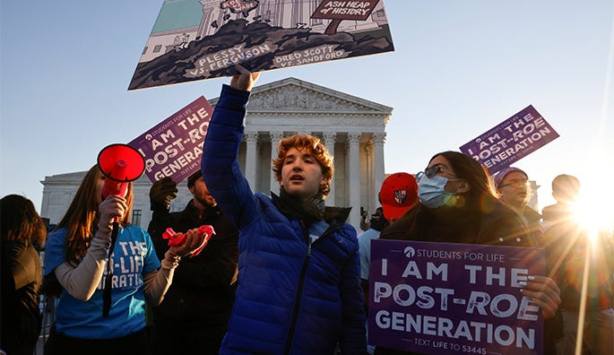 Activists outside the courthouse where Dobbs vs. Jackson was decided. Signs: "I am the post-roe generation"