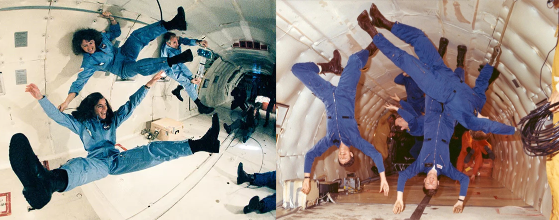 Two images of astronauts floating weightlessly in the confines of an experimental airplane.