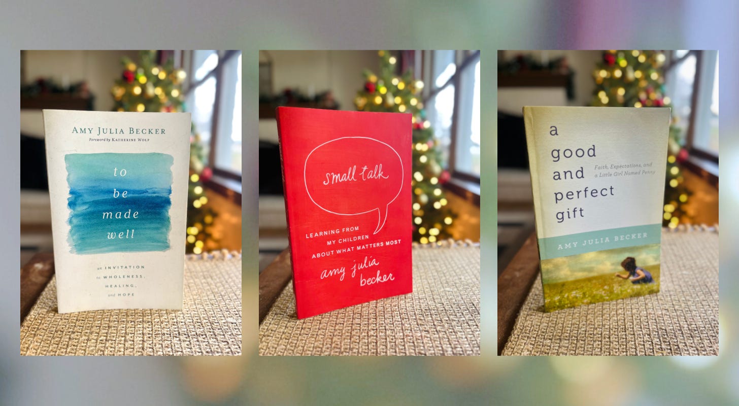 graphic with photos of 3 books in front of Christmas tree: To Be Made Well; Small Talk; A Good and Perfect Gift