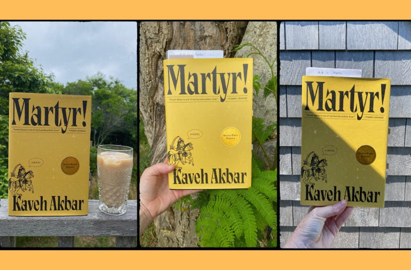 Three photos of Martyr! on three different backgrounds: a porch railing next to a glass of iced tea, a tree, a shingled wall.