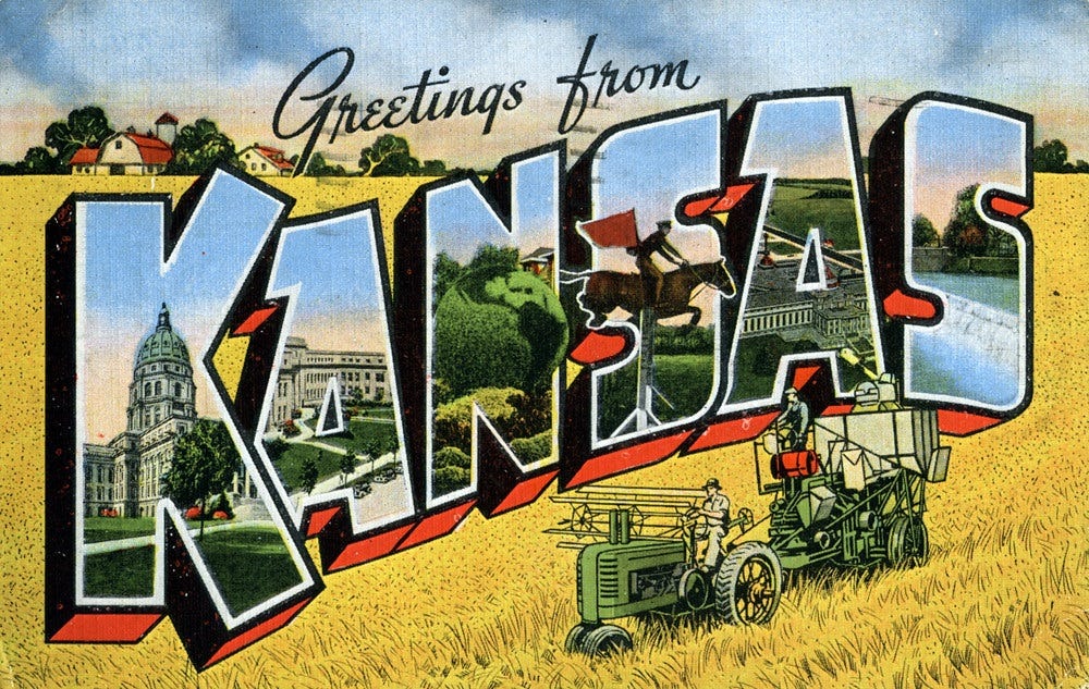 Vintage 'Greetings from Kansas' postcard with image of 1930s era tractor and combine harvesting wheat, big letters of KANSAS filled with inset photos of Kansas landmarks. Both of them.