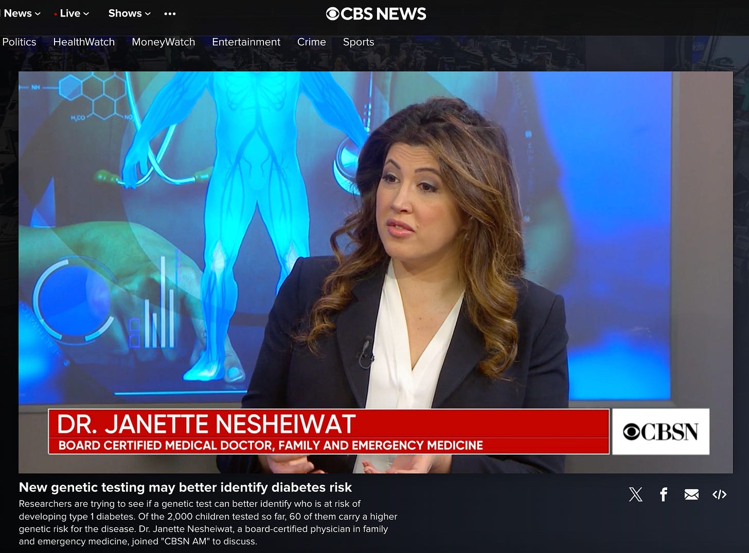 Screenshot of Nesheiwat on CBS News, identified as a board-certified physician in family and emergency medicine.