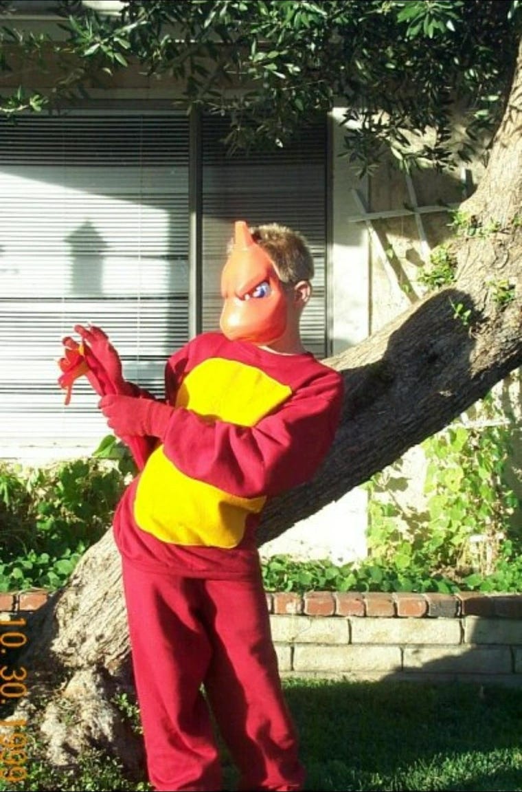 Jacob dressed as a Charmeleon, in preparation for his classmate’s Halloween costume party, on Saturday, October 30th, 1999