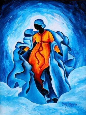 Portrait of a Black woman holding a flag and sword, wrapped in vibrant garments, standing before mountains and a cannon—evoking the strength, grief, and autonomy of estranged daughters reclaiming power after caregiver trauma. Art by Patricia Brintle. Portrait of a Black woman holding a flag and sword, wrapped in vibrant garments, standing before mountains and a cannon—evoking the strength, grief, and autonomy of estranged daughters reclaiming power after caregiver trauma. Art by Patricia Brintle.