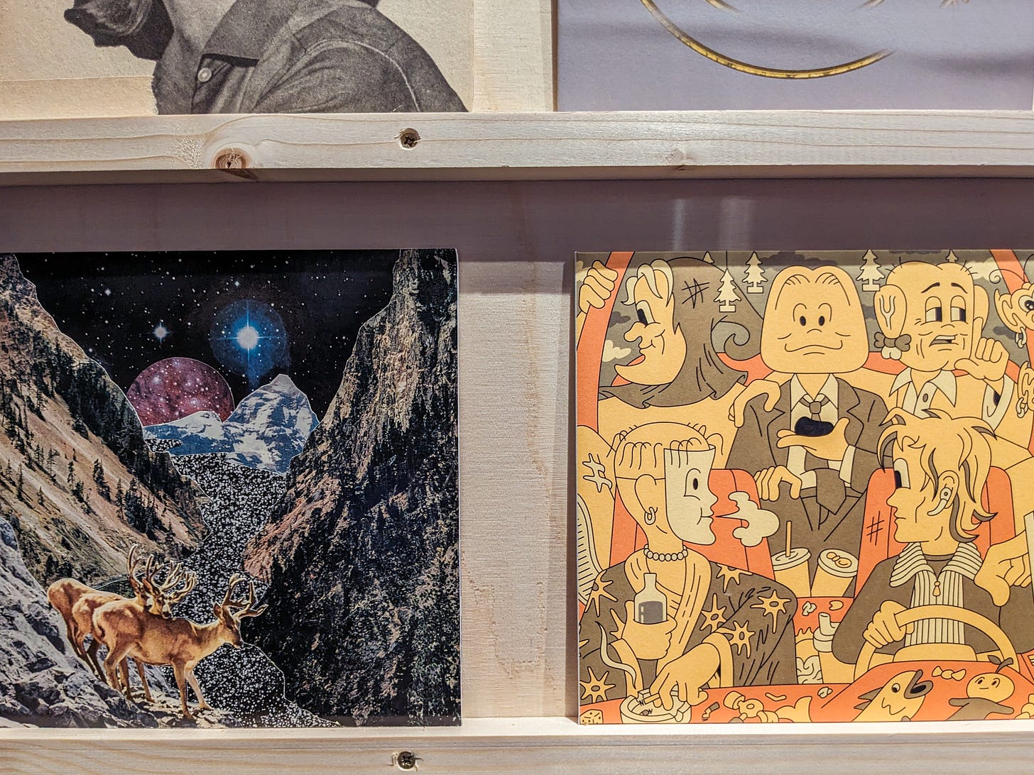 Two sample Secret 7" covers. One is a collage of two deer on mountains while seemingly in deep space. The other is a cartoon of five people in a car.