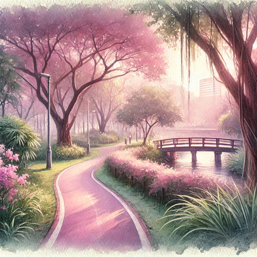 A watercolor painting with soft brush strokes in pink and light pastel colors. The scene depicts a peaceful running trail in a park, with lush greenery, a gently curving path, and a small bridge in the distance. The atmosphere is serene, with warm evening light filtering through the trees. The painting has an impressionistic feel, with dreamy, blended colors and a tranquil mood.