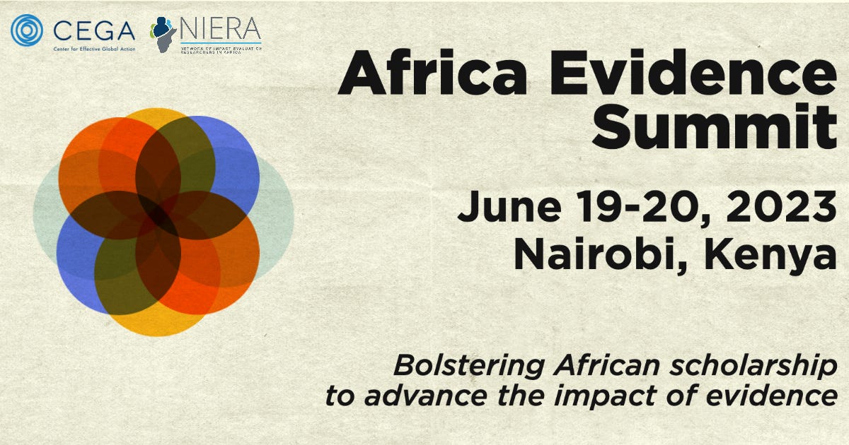 A poster for the Africa Evidence summit, from June 19-20 2023 in Nairobi Kenya, with the tagline "bolstering Africa scholarship to advance the impact of evidence"