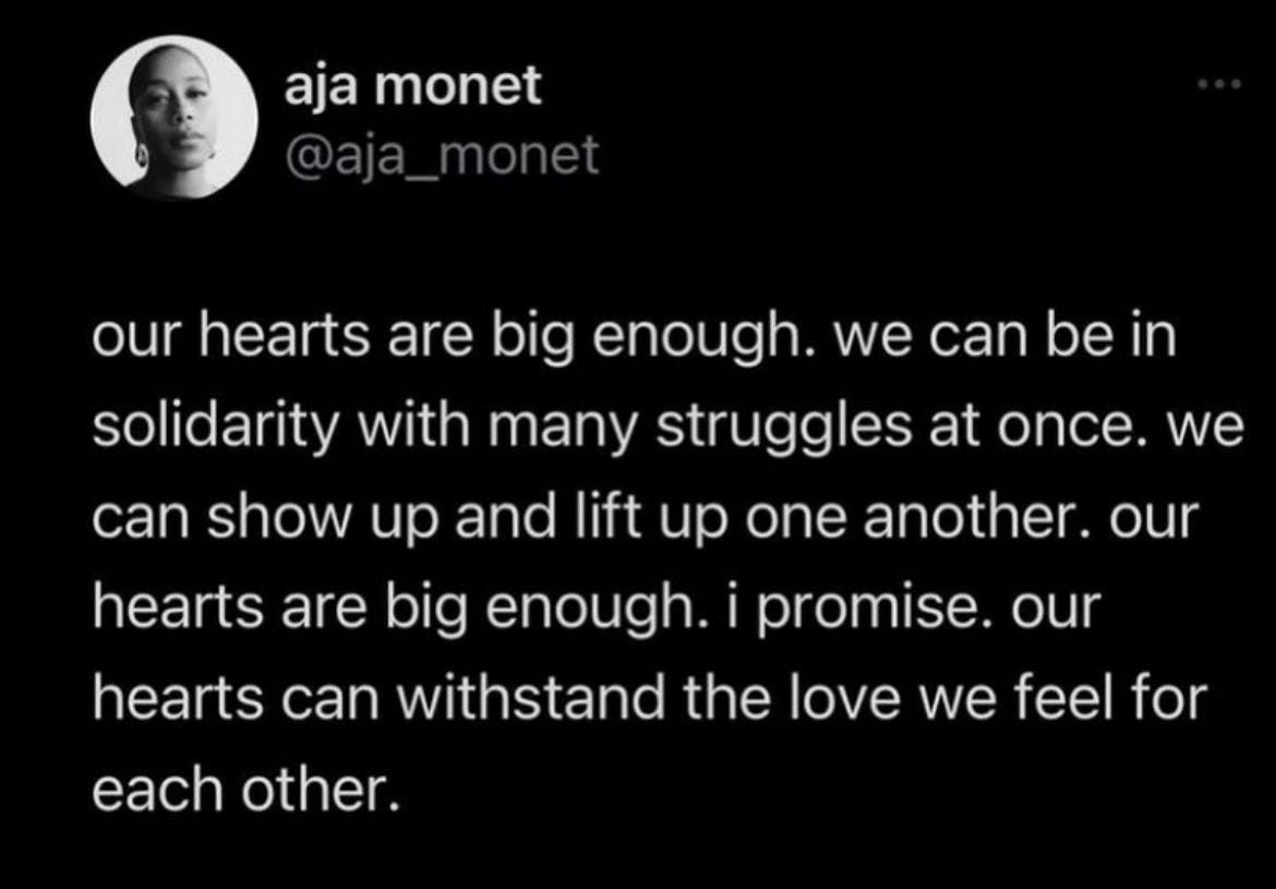 @aja_monet: our hearts are big enough. we can be in solidarity with many struggles at once. we can show up and lift up one another. our hearts are big enough. i promise. our hearts can withstand the love we feel for each other.