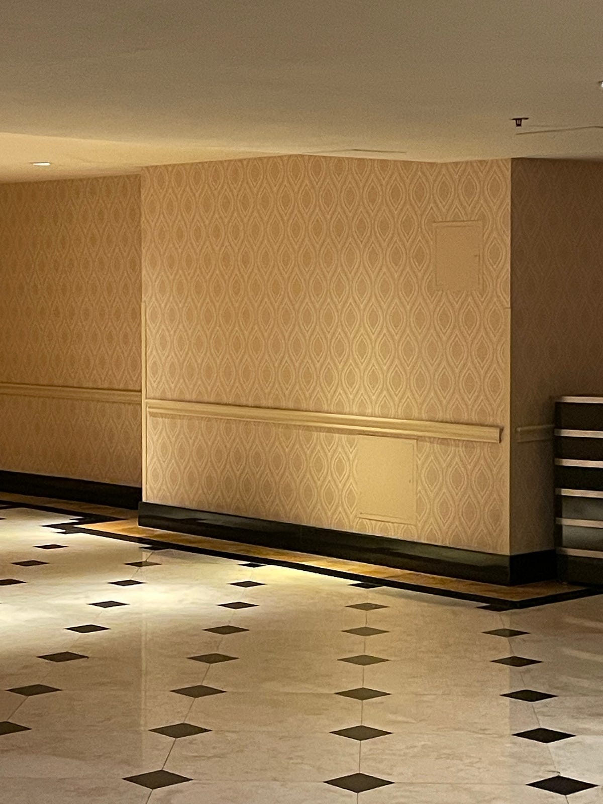 An image of a hallway that could be from any point in time that modern buildings exist, with yellowish lighting that suggests comfort and threat