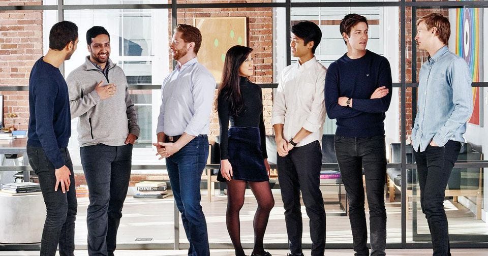 Smartest-friends approach (from left): Kareem Zaki, Nabil Mallick, Jared Weinstein, Liz Tran, Chris Paik, Joshua Kushner and Miles Grimshaw.