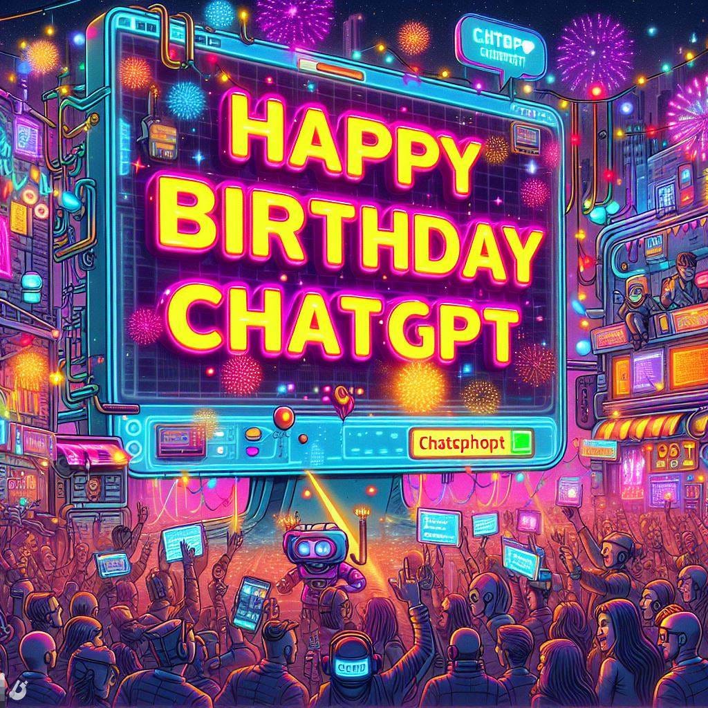 A cyberpunk happy birthday celebration party cartoon image with every human race and industry partying with a huge computer screen with BIG neon letter saying "Happy Birthday ChatGPT", the computer screen showing fireworks, and a computer chatbot prompt saying "ChatGPT"
