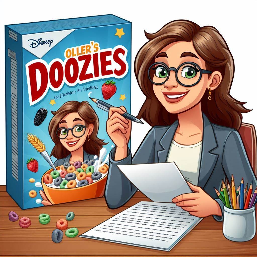 create a cereal box featuring an image of a bright young female writer, in cartoon style, with the name of the cereal being "Oyler's Doozies"