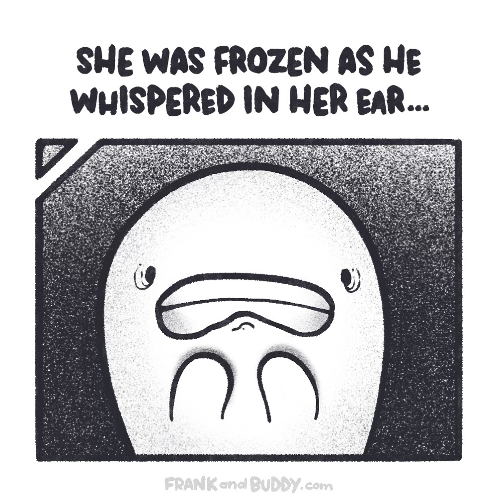 This webcomic shows a close up of the scared baby ghost listening to the story, we hear the skeleton say "she was frozen as he whispered in her ear..."
