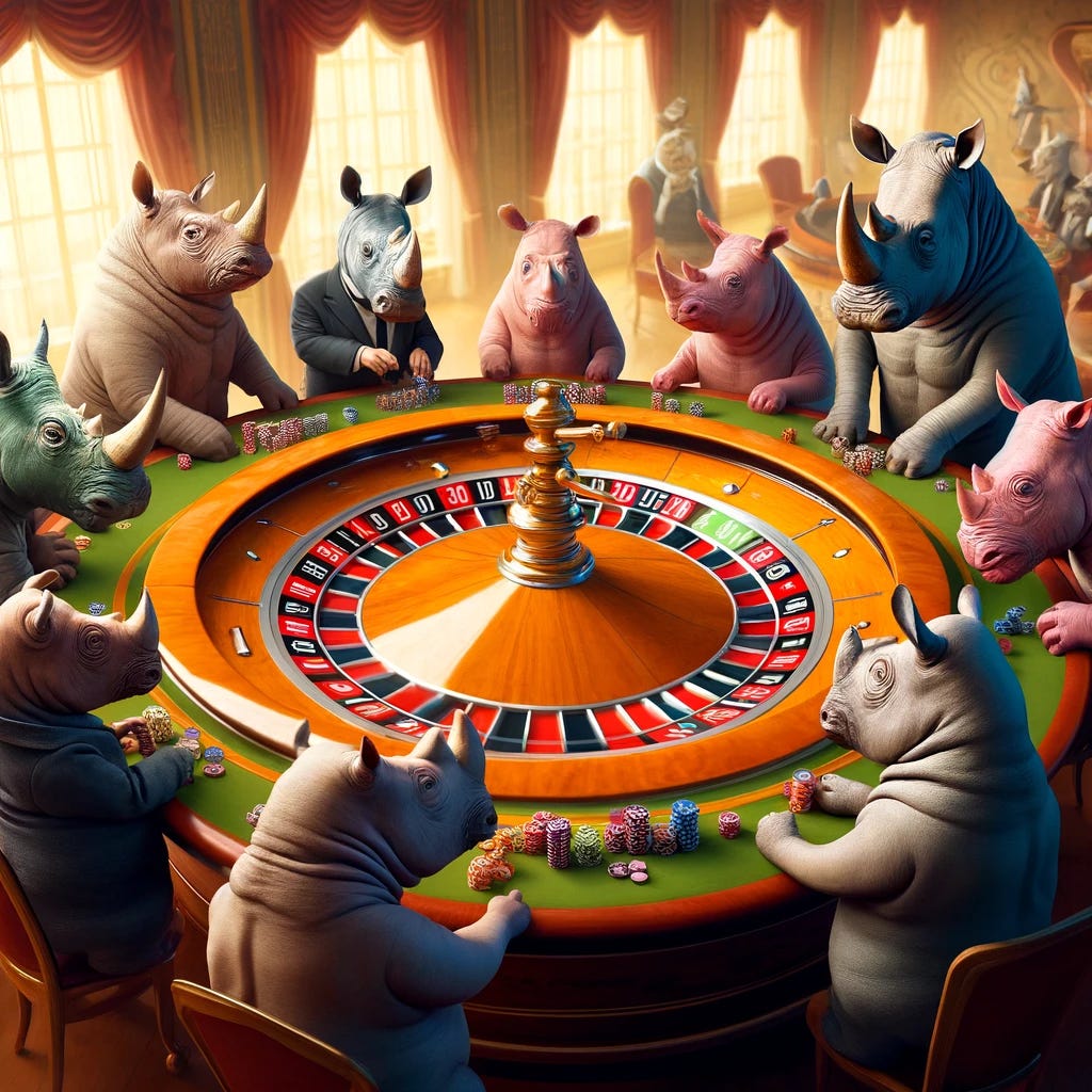 A whimsical and colorful image of a group of rhinos playing roulette. The scene takes place in an elegant casino-like setting with a large roulette table in the center. Several rhinos, each with unique characteristics, are standing around the table, some placing bets and others eagerly watching the spinning wheel. The rhinos are portrayed in a less anthropomorphic style, maintaining their natural look while engaging in this human activity. The atmosphere is lively and entertaining, capturing the unusual and amusing concept of rhinos participating in a roulette game.