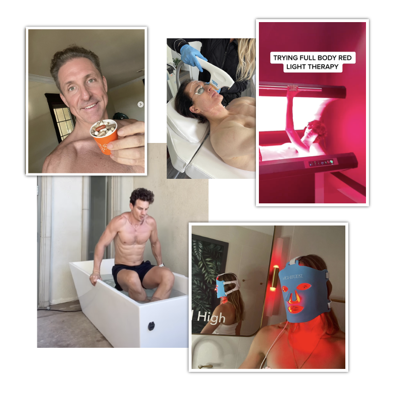 Screenshots of social posts showing different biohacking techniques and devices including red light therapy, a cold plunge, and supplements