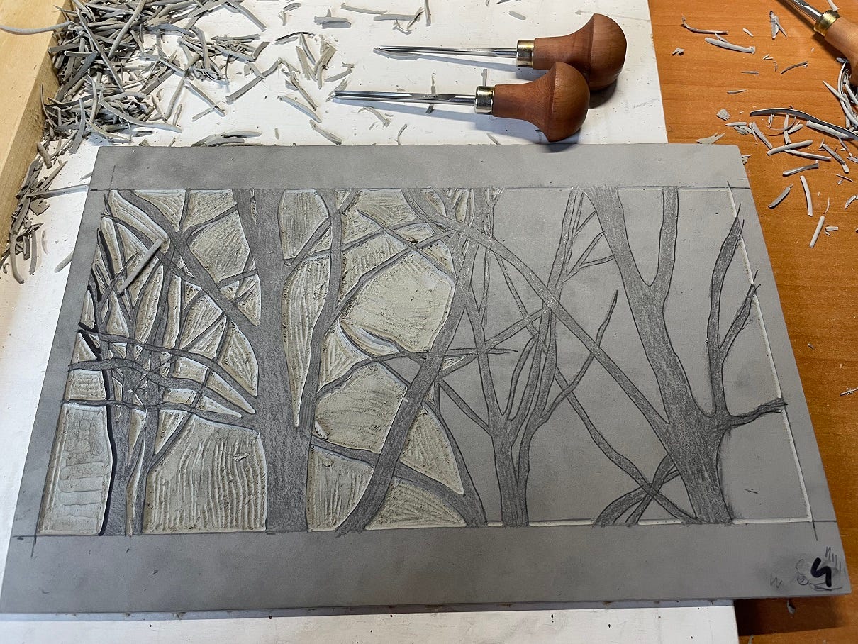 Photo: Halfway through carving a design in lino.