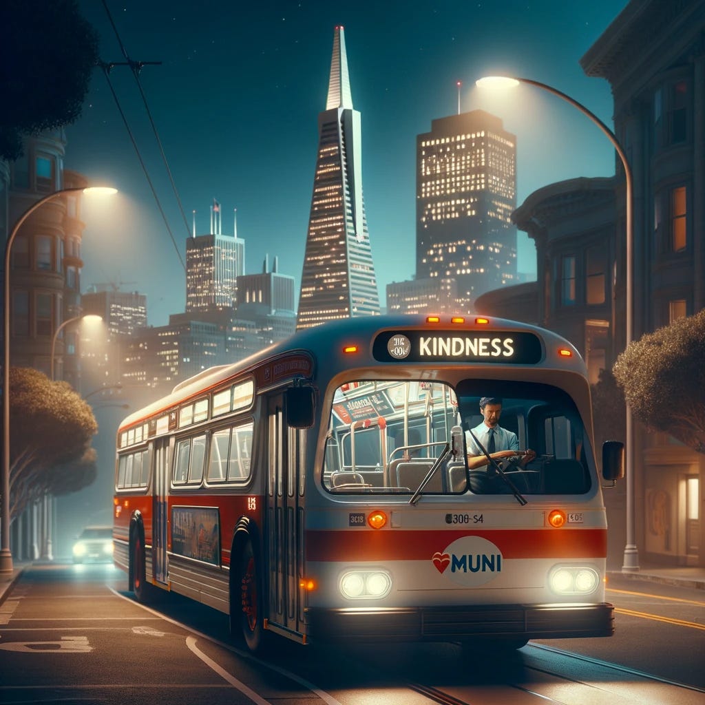 AI generated image of a bus in San Francisco at night. The destination sign reads: KINDNESS