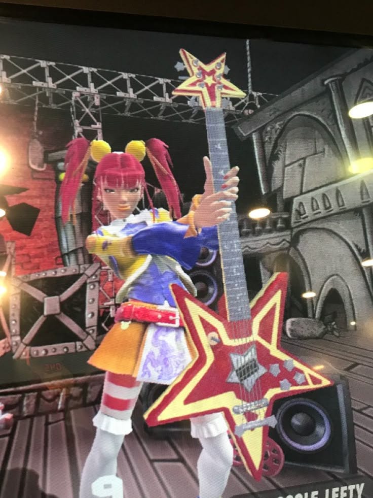 This may contain: an anime character is holding a guitar in front of a stage with lights and sound equipment