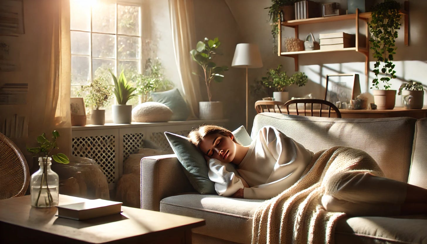 A peaceful scene of a person taking a nap in the afternoon. They are resting on a comfortable couch in a cozy living room with soft sunlight streaming in through a window. The room is filled with calming elements such as plants, a soft blanket, and a few scattered books. The person's face shows a relaxed expression, indicating a deep, restful sleep. The overall atmosphere is serene and inviting, highlighting the importance of taking a break and recharging.