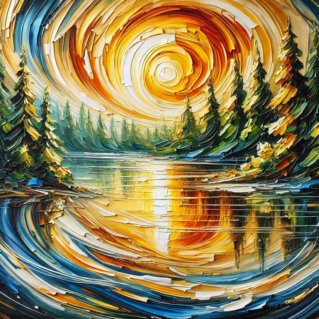 A beautiful oil painting in an impressionist and abstract style, featuring thick brush strokes. The painting showcases a vibrant landscape with swirling colors of a golden sunset reflecting on a rippling lake, surrounded by deep green trees. The bold, expressive strokes create movement and depth, giving the piece a dynamic and textured appearance.