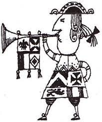 Stylized mid-century drawing of a man blowing a bugle