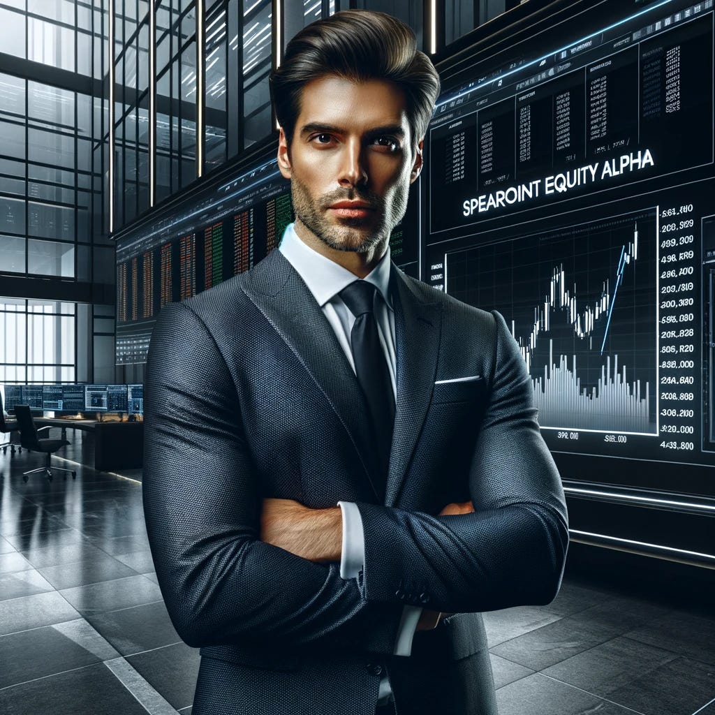 A confident and successful-looking trader stands in the foreground, wearing a sharp, modern business suit. He exudes a sense of power and expertise, with a focused and determined expression. Behind him, prominently displayed on a sleek, high-tech digital screen, are the words 'SpearPoint Equity Alpha' in bold, clear, and large font, ensuring the title is highly visible and unmistakable. The setting is a high-end trading floor, with multiple monitors and a bustling atmosphere of financial activity.