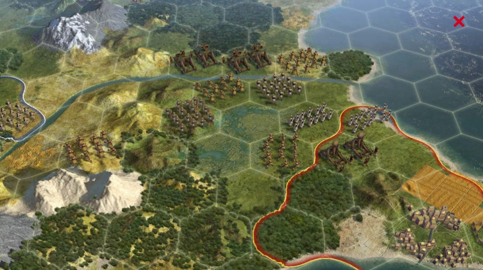 Screencap of Civilizations V, showing the hexagonal layout that marked the games major upgrade from Civ IV. More details in the article.