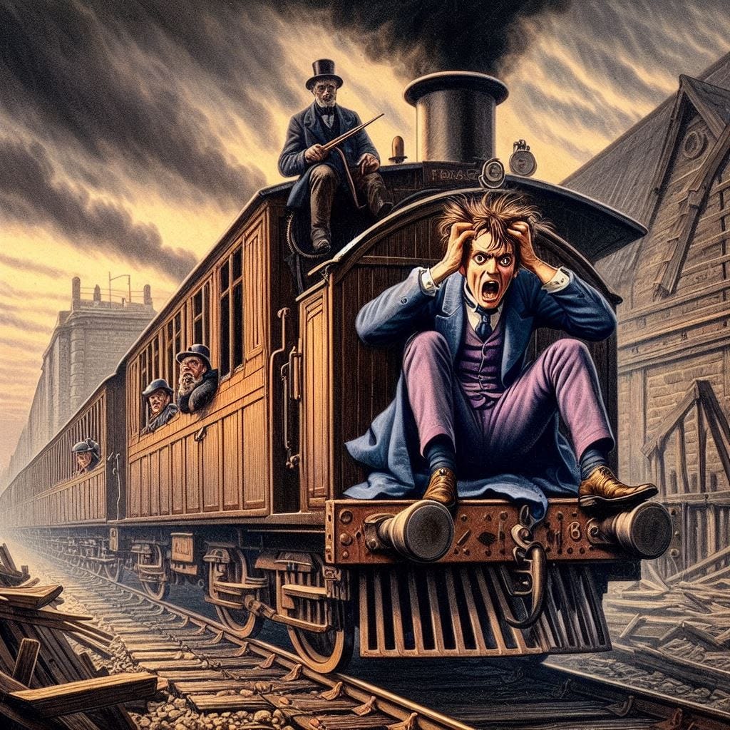 a man getting "railway madness" mental illness riding on an 1850s railway train