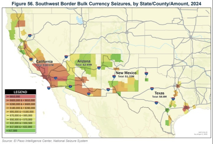 This map shows the hotspots for cartel cash seizures along the Southwestern US Border with Mexico in 2024. This map shows the hotspots for cartel cash seizures along the Southwestern US Border with Mexico in 2024.