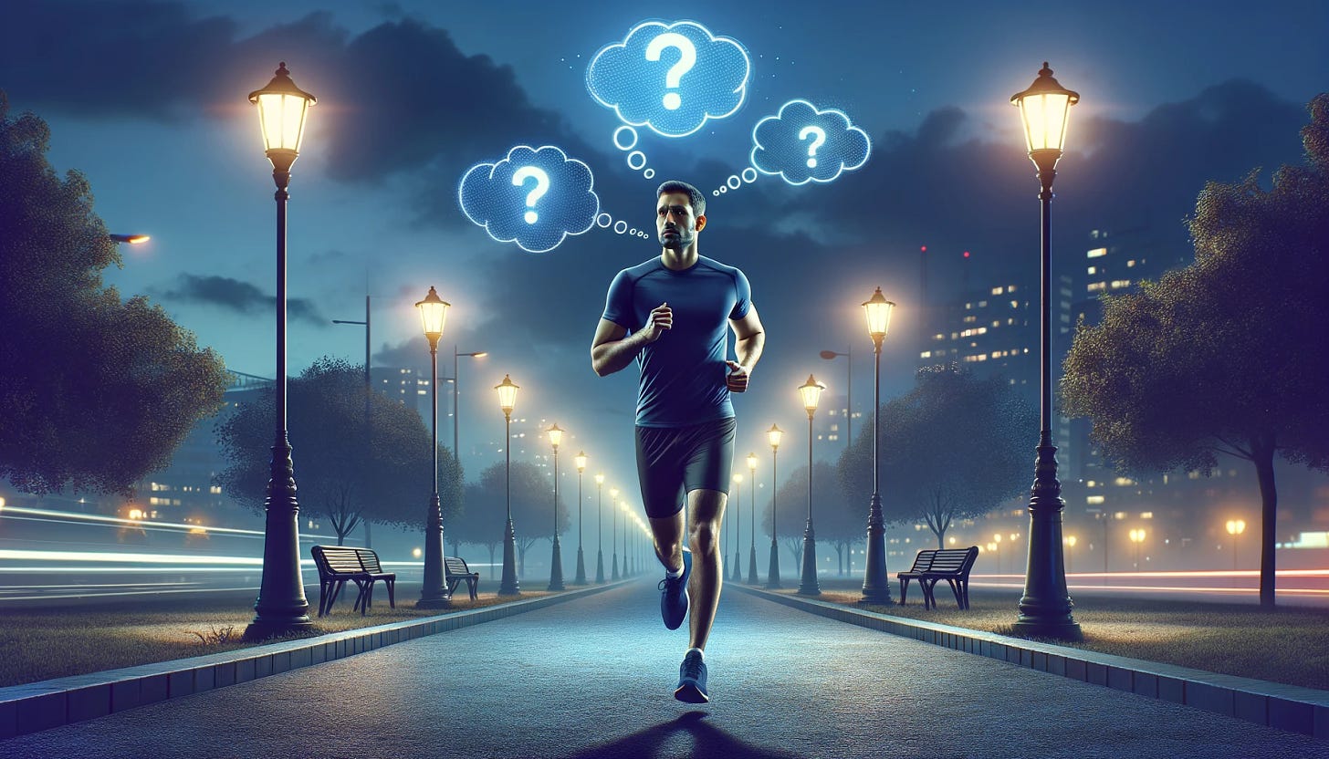 Visualize a South Asian male with a moderately heavy build and significant hair loss, dressed in attire appropriate for night running. He is running in a city park during the night, under a sky with dark blues and muted purples. Street lamps illuminate the path, casting long shadows and creating a serene environment for a late run. Surround him with thought bubbles containing question marks, symbolizing his engagement with deep thoughts. The image should capture the essence of solitude and reflection, emphasizing personal growth during the quiet of the night.