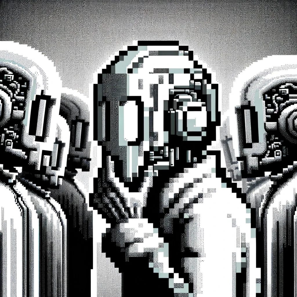 Imagine an emotionless lunatic meticulously rendered the chrome silver hominid starbeing in the same 8-bit cutscene style, focusing on capturing the stark, alienated essence of the character with a cold, detached precision. The image should reflect a profound solitude and otherworldliness, expressed through blocky, pixelated forms and bright, contrasting colors typical of 8-bit graphics. The background should be simple yet effectively enhance the theme of isolation in a digital, pixelated world, all done with a meticulous attention to detail that conveys an unsettling sense of detachment.