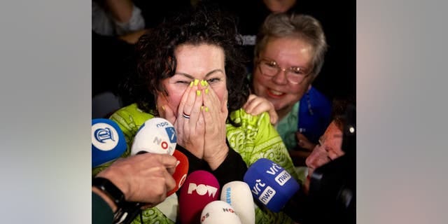 BBB leader Caroline van der Plas speaks while following results during an election evening event after voting in the Netherlands' Provincial Council elections in Bathmen on Wednesday.