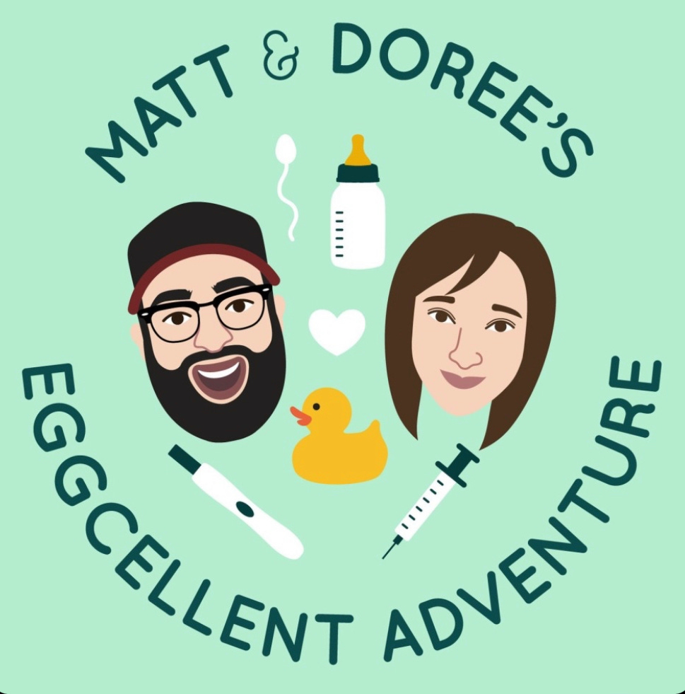 teal background with a man and woman's face, rubber duckie, pregnancy test, syringe, text says "Matt & Doree's Eggcellent Adventure"