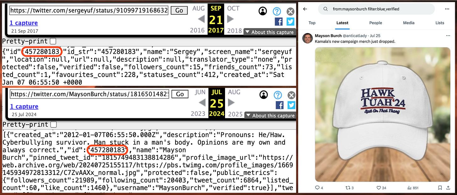 screenshot of Wayback Machine archives showing that the "Mayson Burch" account was originally named @sergeyuf